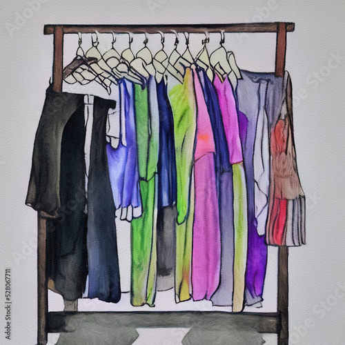 Store clothes exhibition in Shopping mall. Fashion illustration of clothing display. Watercolor drawing garment rack. Stylish art print for creative design