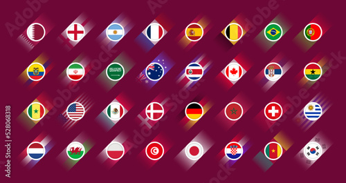 Flags of all countries participating in the final part of the football competition. Icon set. Football 2022. Soccer Cup infographic. Icons isolated on maroon background. Vector illustration