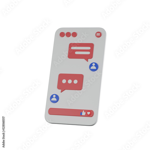 3d rendering concept mobile chat application on smartphone with text boxes on screen.