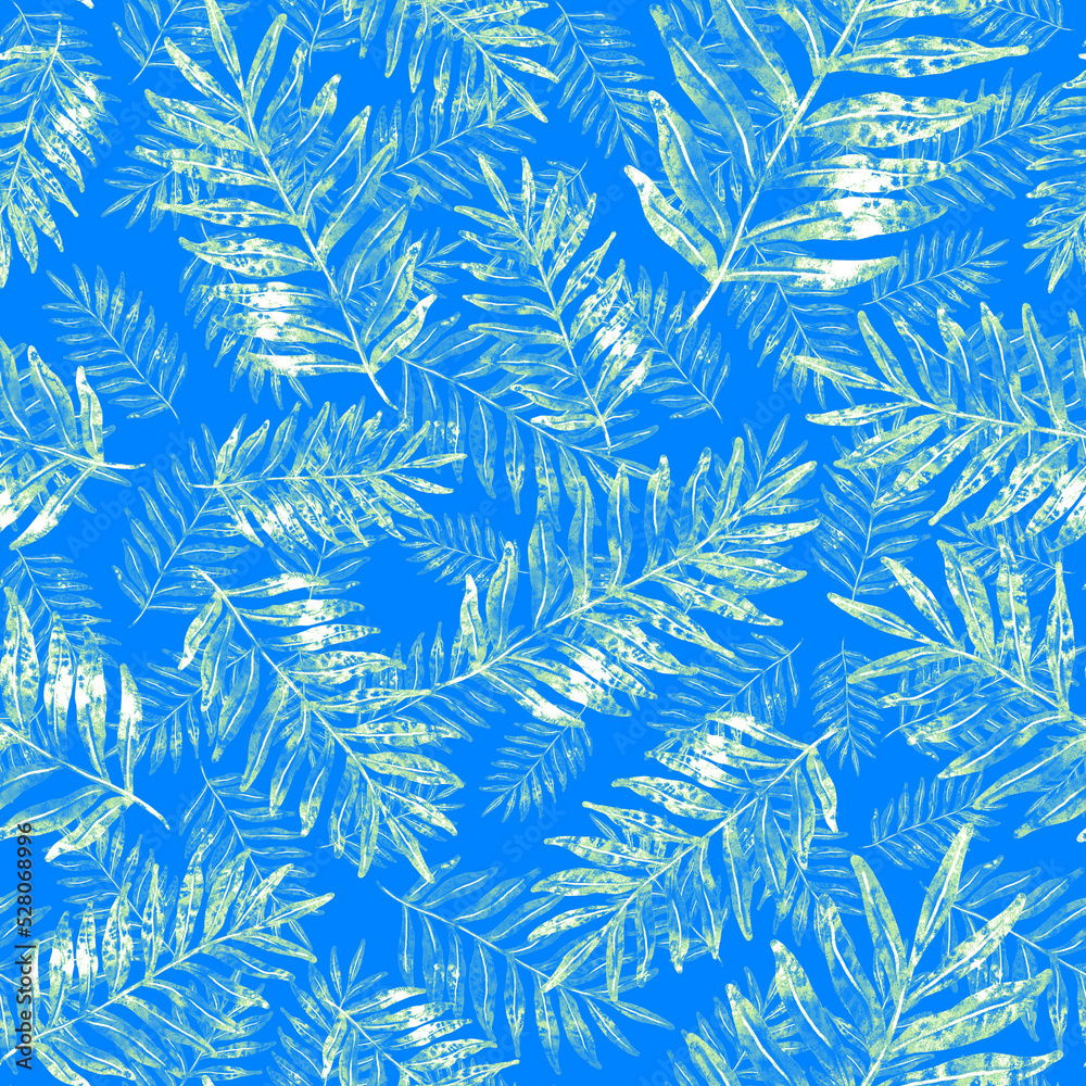 Watercolor seamless pattern with colorful abstract tropical leaves. Bright summer print with exotic plants. Creative trendy botanical textile design.	