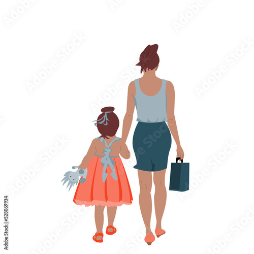 Back side of young mother right hand carry bag and left hand is holding her daughter hands are walking together on white background.Vector illustration flat design for Mother‚Äôs Day or Children‚Äôs day.