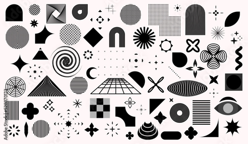 Retro futuristic elements for design. Collection of abstract graphic geometric symbols and objects in y2k style.  Abstract geometric shapes in brutalism style. Templates for posters, banners, stickers