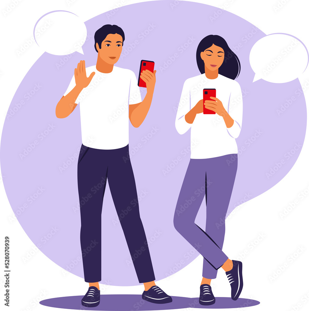 Live conversation concept. Guy and girl standing with speech bubbles. Flat. Live conversation concept. Guy and girl standing with speech bubbles. Flat.