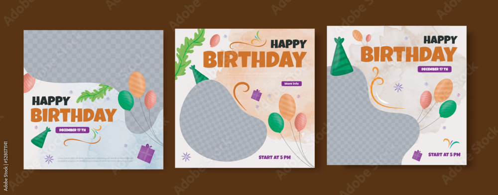 cute happy birthday social media post with ballons watercolor