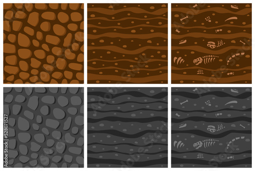Ground texture. Dirt and stones. Cartoon earth. Game floor. Brown land. Gray soil layers with fossil skeleton bones. Street paving. Landscaping elements set. Vector seamless pattern