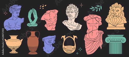 Abstract greek statues, sculpture characters, male and female body part, vase and column. Ancient greece mythology, modern art and culture, decorative historical objects. Vector graphic icons