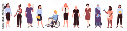 Business people. Diverse office work characters. Standing young women. Professional employee. Female suit. Disabled manager. Colleague group. Corporate staff. Vector isolated persons set