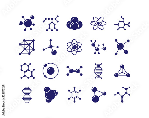 Chemical icons. Molecular formula structure. Molecule pictogram. Bio protein logo. DNA and atom. Chemistry science. Physics and genetics research. Vector illustration silhouette signs set