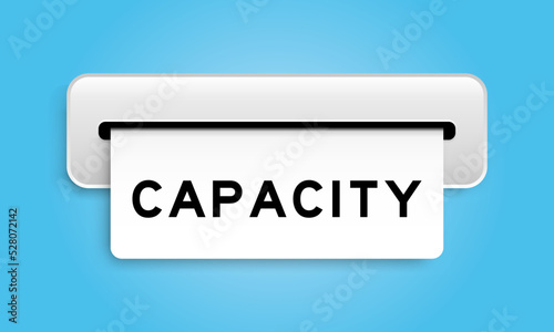 White coupon banner with word capacity from machine on blue color background