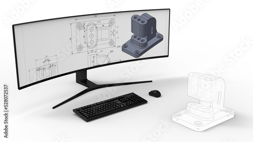 3D rendering - CAD of a metallic component on a PC
