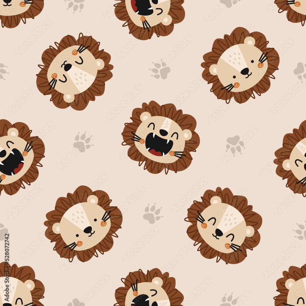 Hand drawn cute face of a lion with different emotions. Cartoon animals background. design for background, wallpaper, wrapping, fabric, and all your creative project.