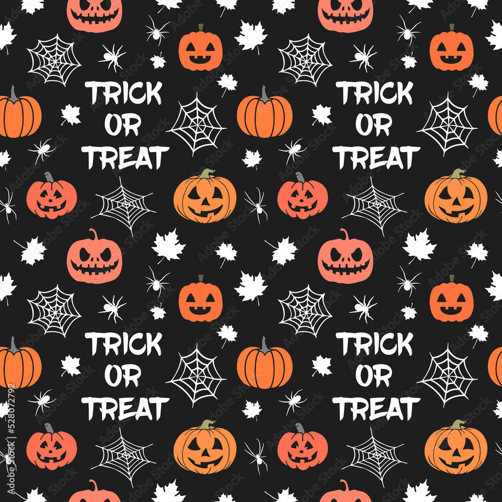 Halloween seamless pattern made up many spiders, cobweb, maple leaves, pumpkins and text Trick or Treat. Holiday endless gothic texture for printing on package, wrapper, envelopes, cards or cloth.