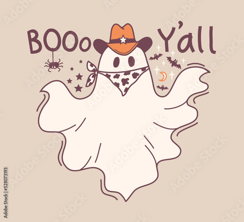 Halloween grost cowboy colors illustration. Vector hand drawn halloween cute ghost in cowboy hat and bandanna and Boo holiday text for card print or design.
