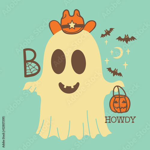 Halloween cute grost cowboy card illustration. Vector hand drawn halloween ghost in cowboy hat and lasso Boo howdy holiday text.