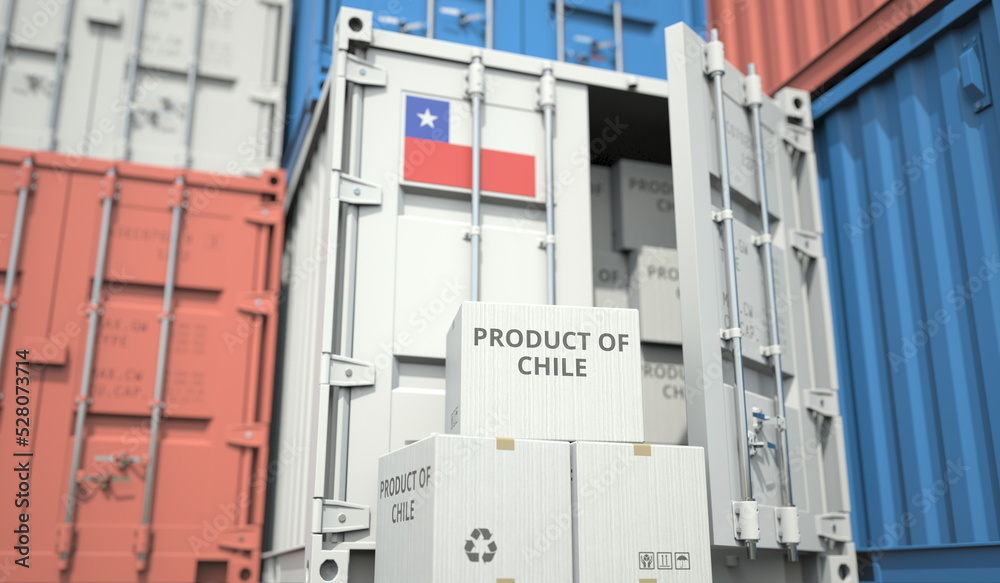 Cardboard boxes with goods from Chile and cargo containers. Industry and logistics related conceptual 3D rendering