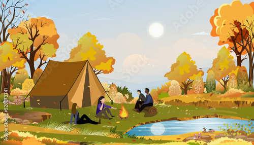 Family enjoying vacation camping at countryside in Autumn,Group of People sitting near the tent and campfire having fun talking together, Vector Rural landscape in fall forest tree with sunset sky