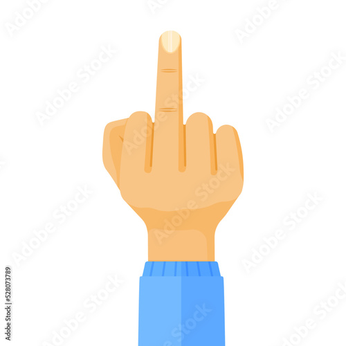 Middle finger up, hand gesture sign. Flat cartoon style vector illustration isolated on white.