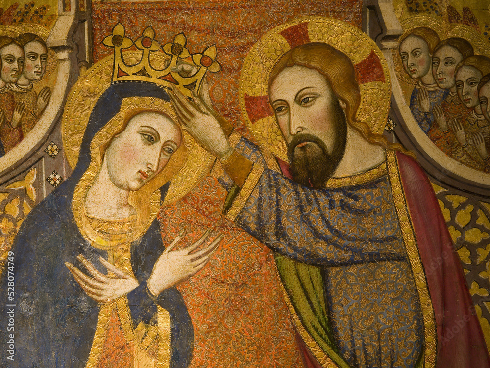 Obraz premium Coronación de la Virgen (c.1365-1380), Joan Daurer, temple sobre tabla.Museo diocesano (Museu diocesà).Centro historico.Palma.Mallorca.Baleares.España.