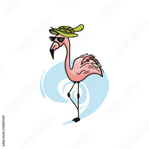 Fun Cartoon Illustration of a Flamingo with a Turtle Hat at the Beach