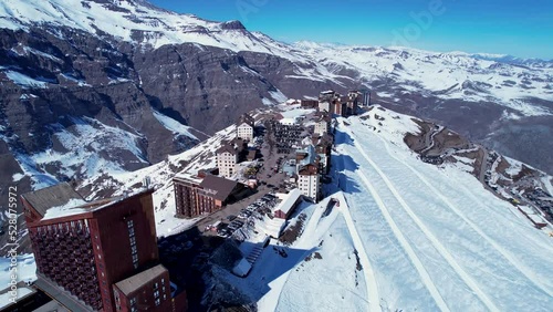 Panoramic view of Ski station centre resort at snowy Andes Mountains near Santiago Chile. Snow mountain landscape. Nevada mountains. Winter travel destination. Winter tourism travel. photo