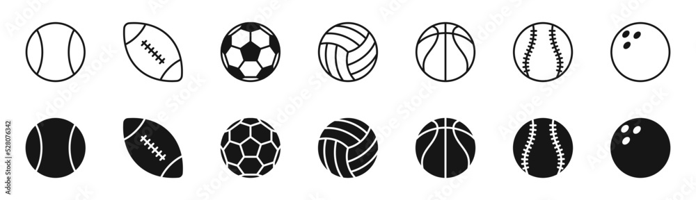 Sport ball icon set. Black and linear icons. Tennis, rugby, football, volleyball, basketball, baseball, bowling. Vector EPS 10