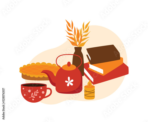 Cozy Fall Vector Illustration, Tea, pie, books and candle autumn setting
