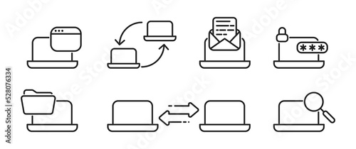 Laptop linear icon set. New message, internet scrolling, window, lock, data sharing. Vector EPS 10