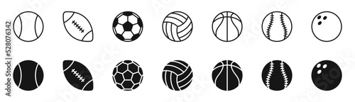 Sport ball icon set. Black and linear icons. Tennis, rugby, football, volleyball, basketball, baseball, bowling. Vector EPS 10