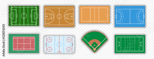 Sport field set. Football, Basketball, Tennis, Handball, Hockey, Volleyball, Baseball, Rugby field. Vector EPS 10