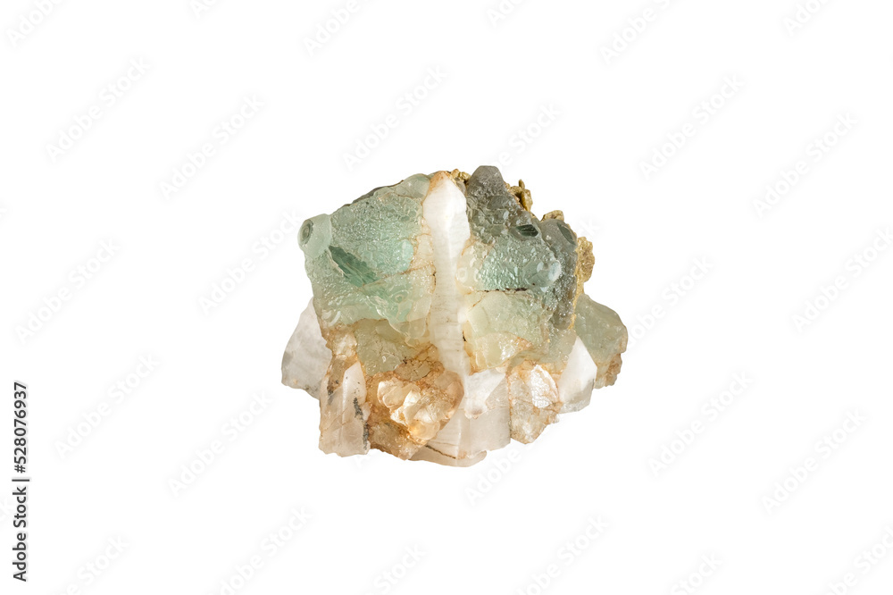 A sample of a natural mineral Fluorite (halides clas) mosaic crystal on quartz druse with siderite, fluorspar, calcium fluoride. Museum Mineral Series. Mineralogical sample isolated on white A sample of a natural mineral Fluorite (halides clas) mosaic crystal on quartz druse with siderite, fluorspar, calcium fluoride. Museum Mineral Series. Mineralogical sample isolated on white