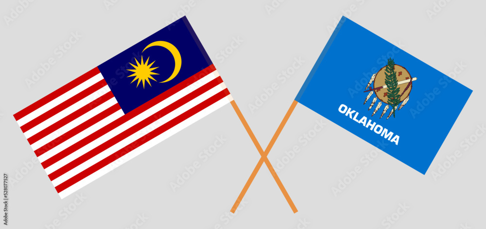 Crossed flags of Malaysia and The State of Oklahoma. Official colors. Correct proportion Crossed flags of Malaysia and The State of Oklahoma. Official colors. Correct proportion