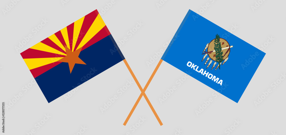 Crossed flags of the State of Arizona and The State of Oklahoma. Official colors. Correct proportion Crossed flags of the State of Arizona and The State of Oklahoma. Official colors. Correct proportion