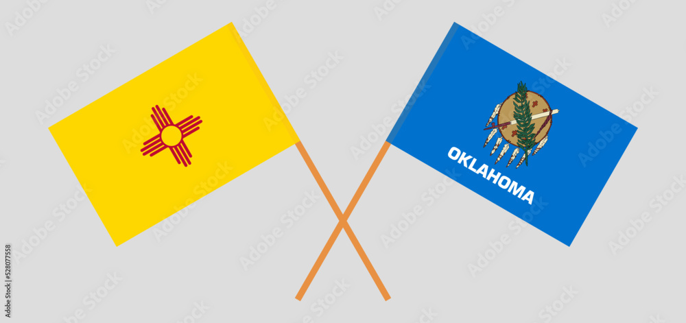Crossed flags of the State of New Mexico and The State of Oklahoma. Official colors. Correct proportion Crossed flags of the State of New Mexico and The State of Oklahoma. Official colors. Correct proportion