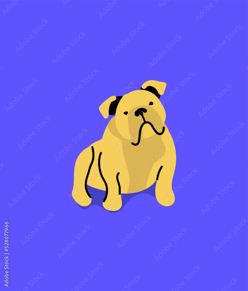 Illustrated toy dog breeds, flat bright illustration. Colorful print with wall art with English bulldog art