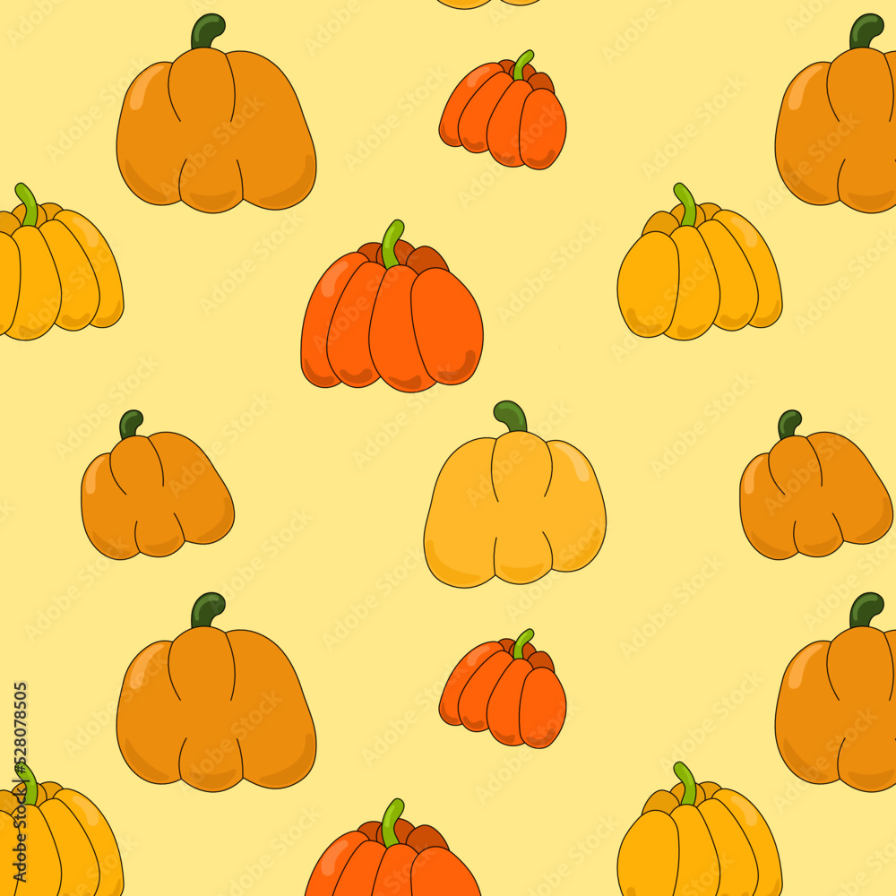 Seamless vector pattern, pumpkins on yellow background, wallpaper, print, fall, Halloween