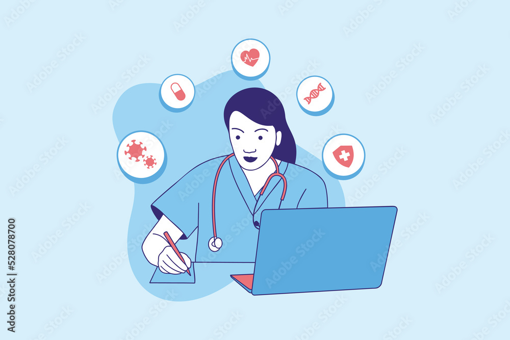 Illustrations of Beautiful female doctor online for telemedicine design concept Illustrations of Beautiful female doctor online for telemedicine design concept