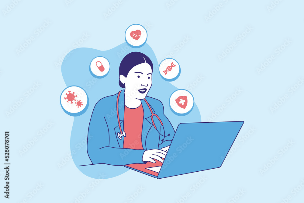 Illustrations of Beautiful female doctor online for telemedicine design concept Illustrations of Beautiful female doctor online for telemedicine design concept