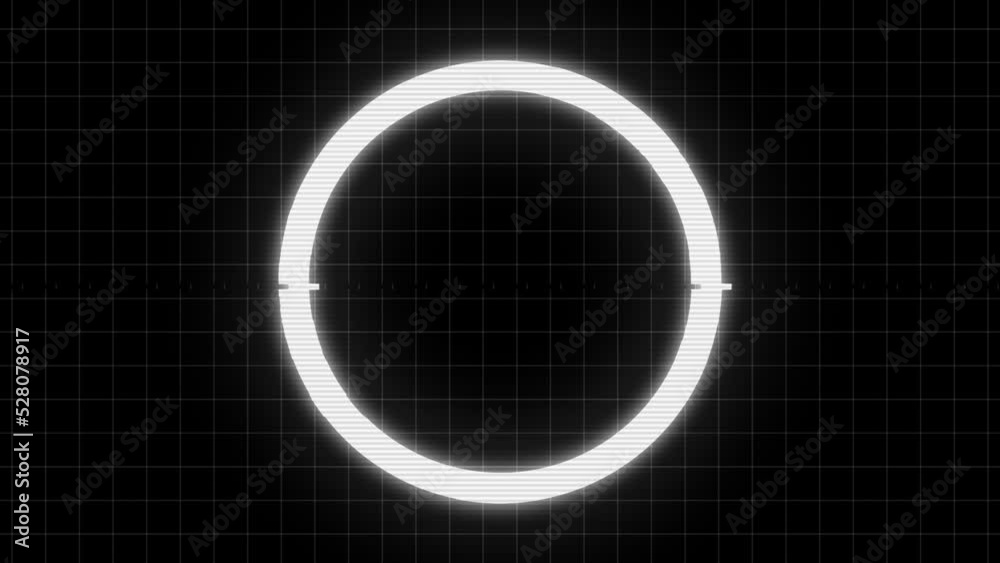 Glitch circle. Looped animation of glowing glitch circle on black background with laser grid. Animated promotion banner template with geometry shape with distortion effect for sales events.