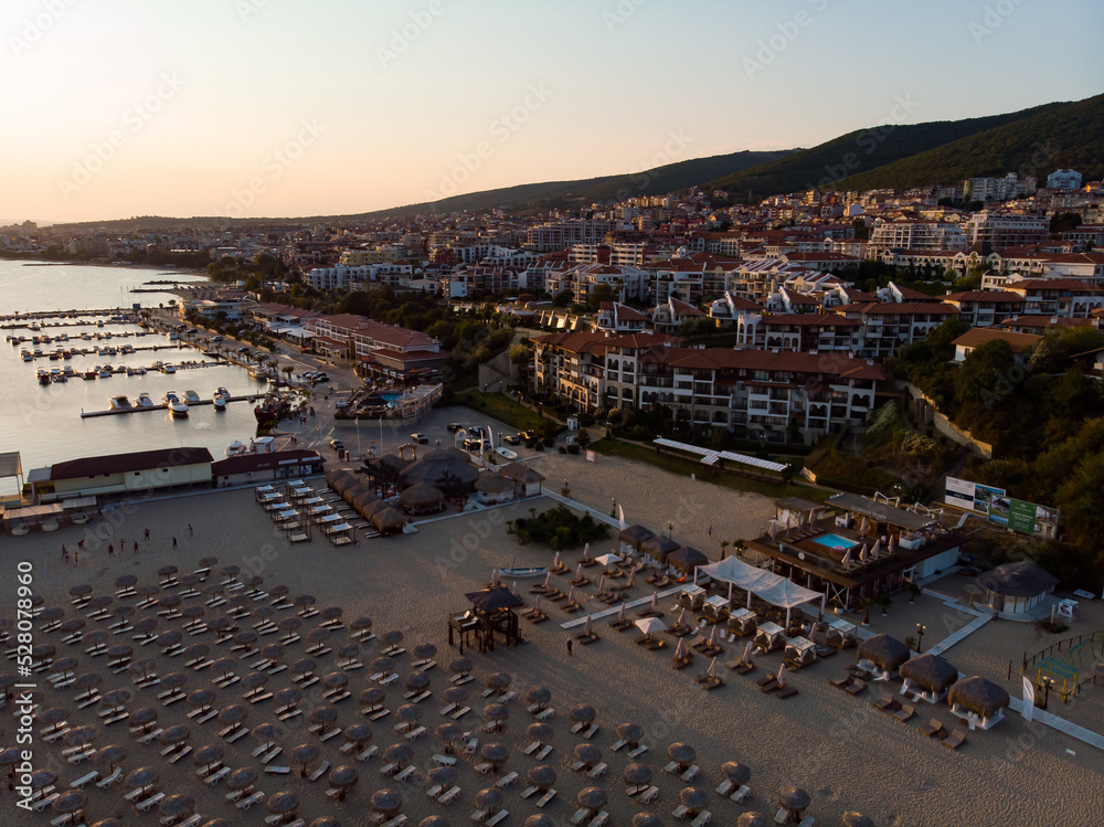 Sea cost and beaches in Sveti Vlas in Bulgaria. Aerial photography, drone view. Summer holidays in Europe during quarantine.