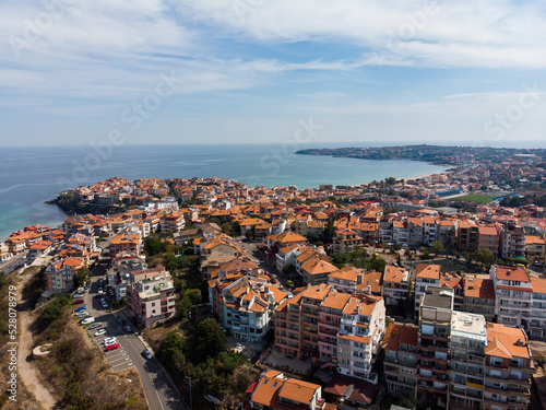 Aerial view of Bulgarian town Sozopol. Drone view from above. Summer holidays destination