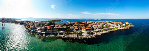 Fototapeta Naklejka Na Ścianę i Meble -  Aerial view of old town and port of Sozopol, Bulgaria. Drone view from above. Summer holidays destination