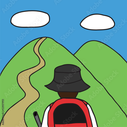 天気が良い日に登山に出発する人のイラスト