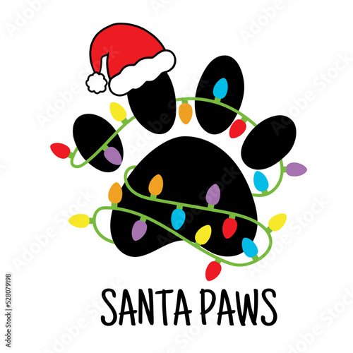 Santa Paws. Christmas tree in shape of a dog's paw with christmas lights. Merry  Christmas. Paws prints dog. Love dogs. Vector illustration. Isolated on white background.