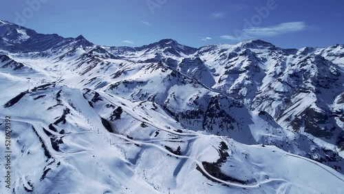 Panoramic view of Ski station centre resort at snowy Andes Mountains near Santiago Chile. Snow mountain landscape. Nevada mountains. Winter travel destination. Winter tourism travel. photo