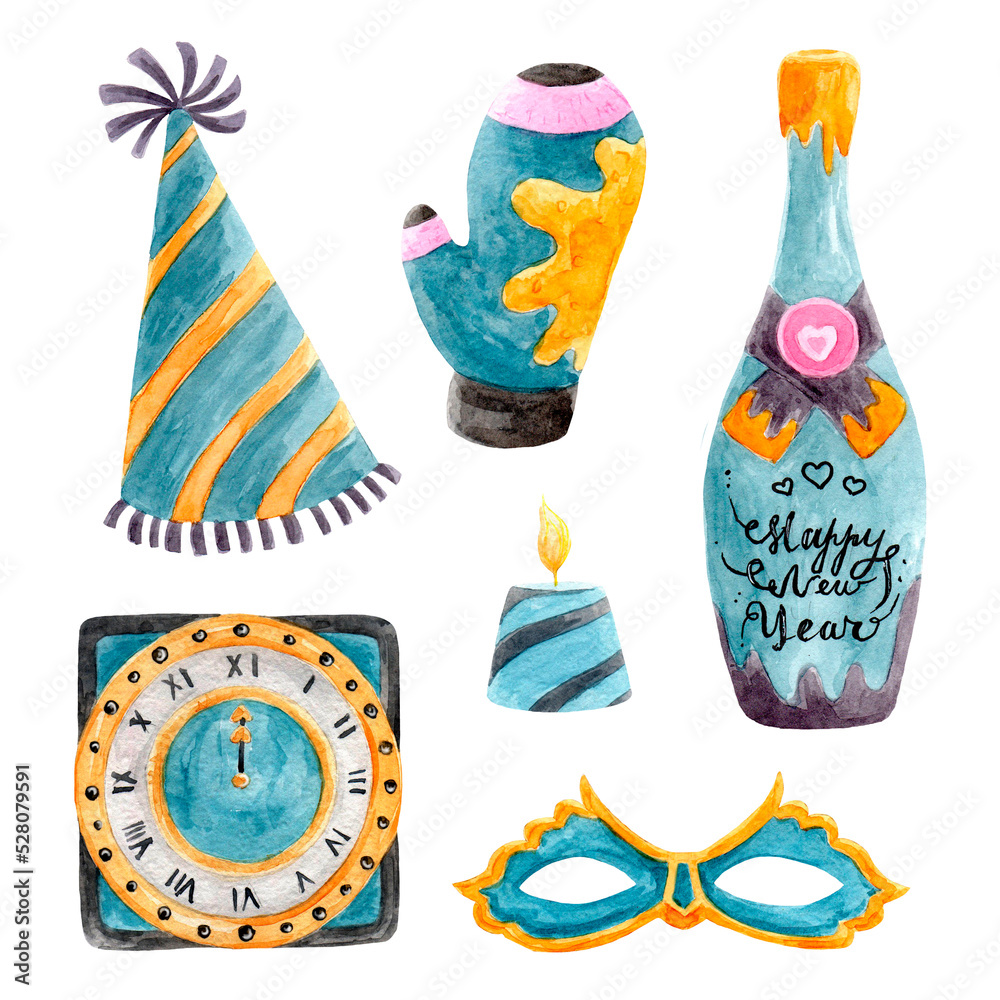 Naklejka premium New Year set of watercolor elements.Christmas party cap,mitten,candle,clock,mask and bottle of champagne.