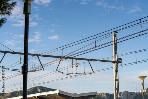 Railway catenary against blue sky