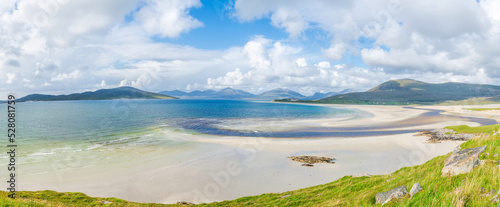 Wide panoramic view of Luskentyre Sands beach on the Isle of Harris  Scotland  UK