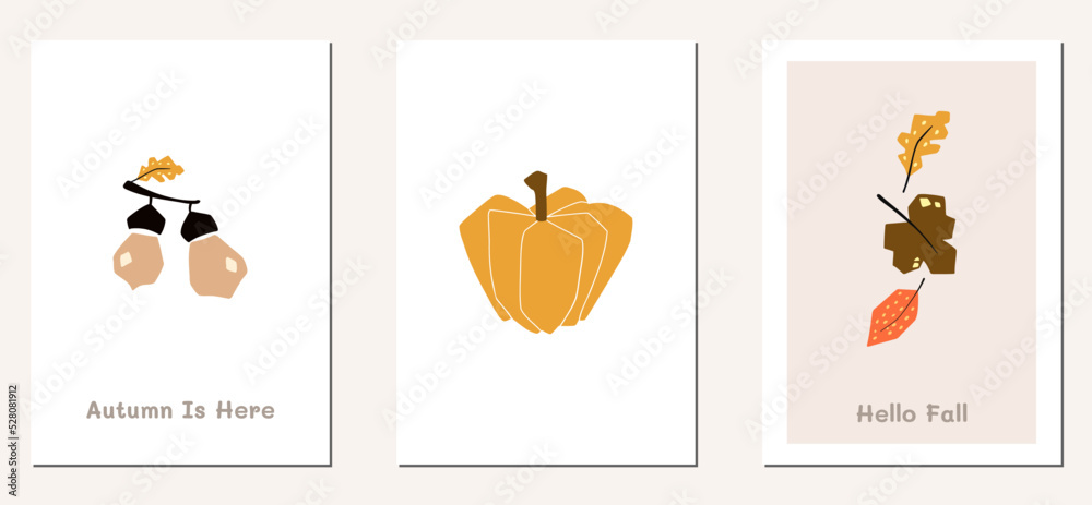 Autumn mood greeting card poster template. Welcome fall season thanksgiving invitation. Minimalist postcard nature leaves, trees, pumpkins, abstract shapes. Vector illustration in flat cartoon style