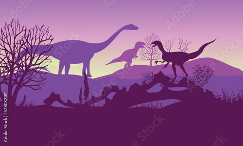 Prehistoric planets. Landscape with dinosaurs. Vector illustration.