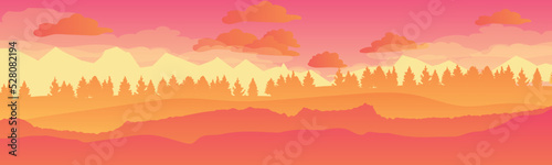 landscape with high mountains and forest in several layers in the evening vector illustration. flat design.